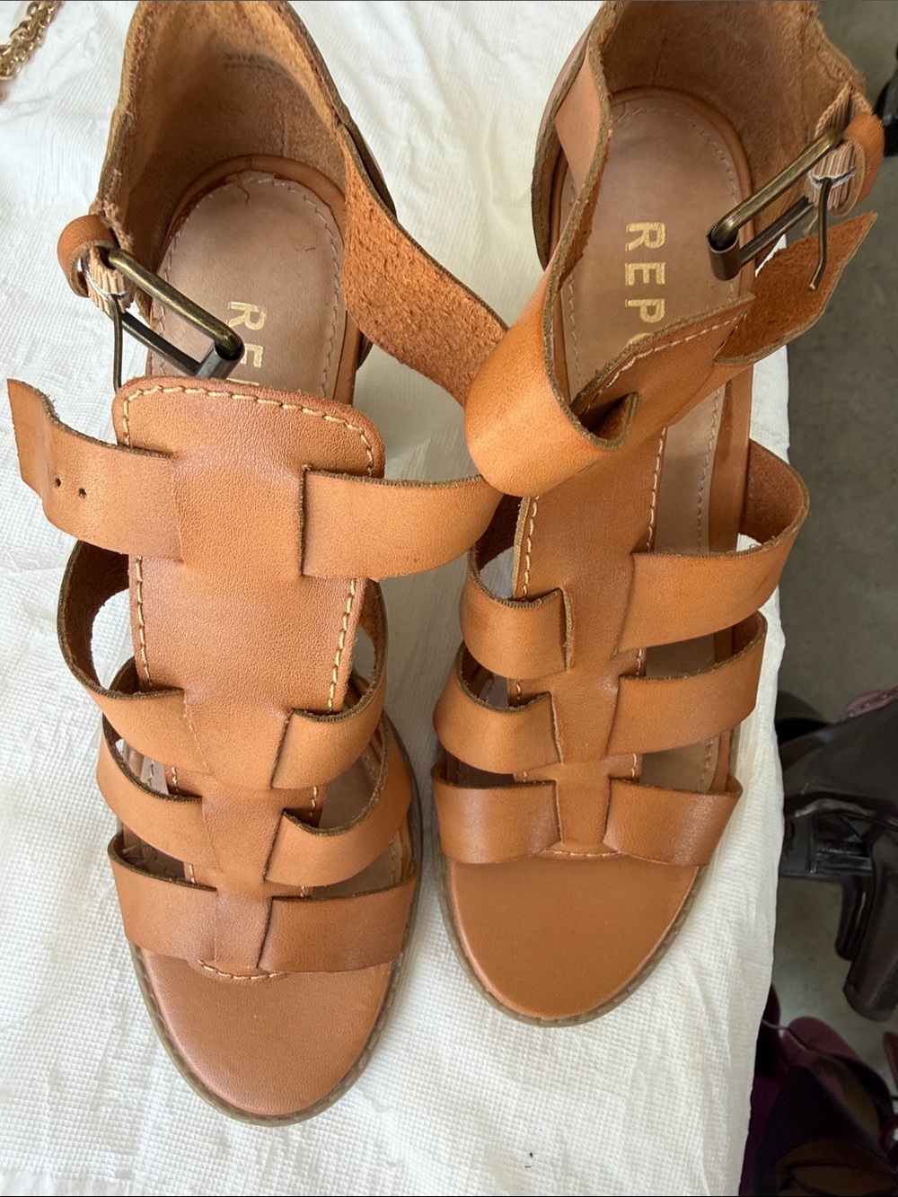 Replay Cognac Leather Woven Strappy Sandals